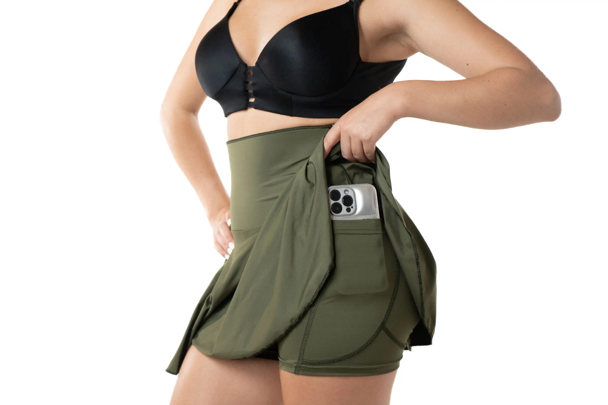 Detalle de la tela licra y neopreno de la falda short