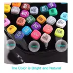 Kit de marcadores de doble punta organizados en estuche, mostrando tapas numeradas de diversos colores vibrantes para y diseño.