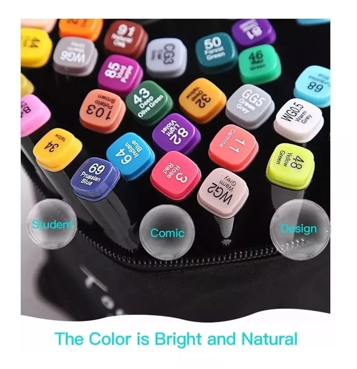 Kit de marcadores de doble punta organizados en estuche, mostrando tapas numeradas de diversos colores vibrantes para y diseño.