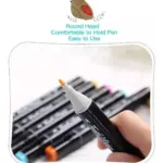 Marcador negro a base de alcohol con punta redonda fina de color naranja, sostenido con la mano frente a otros rotuladores del kit.