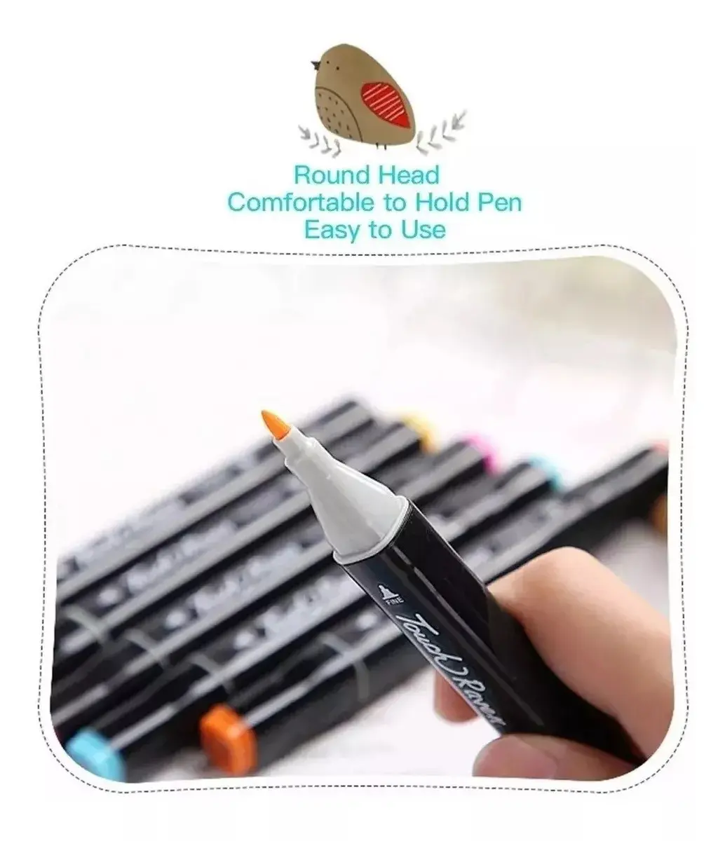 Marcador negro a base de alcohol con punta redonda fina de color naranja, sostenido con la mano frente a otros rotuladores del kit.