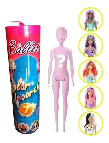 Tubo rosa de Barbie Color Reveal de ballet con 7 sorpresas, muñeca rosa sin revelar al centro y cinco posibles modelos con diferentes estilos y cabello.