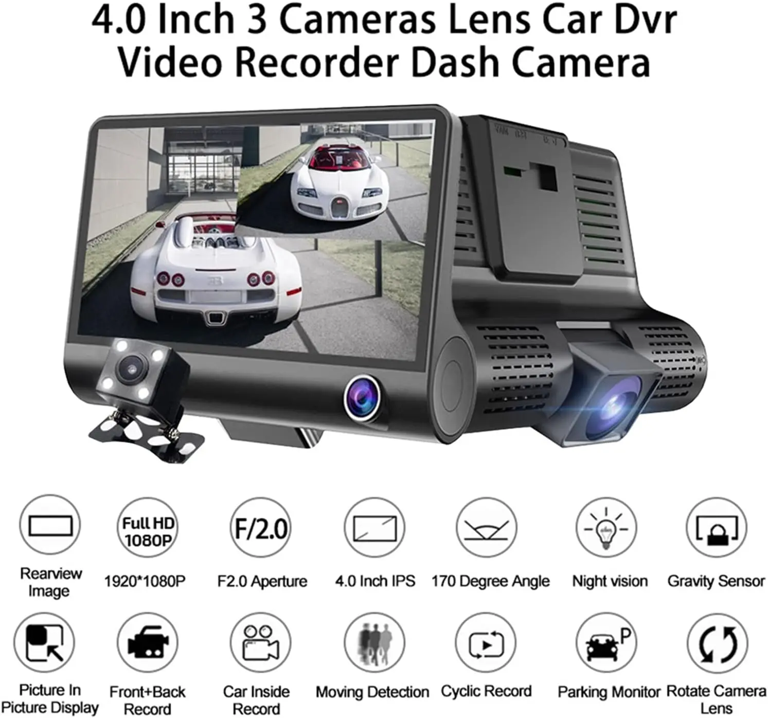 Cámara para carro DVR Full HD de 3 lentes - Registra el exterior e interior de tu vehículo con total seguridad