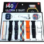 Smartwatch I40 Ultra 2 Suit con pantalla de 2.3 pulgadas, cargador magnético, protector y siete correas intercambiables de diversos colores y estilos.