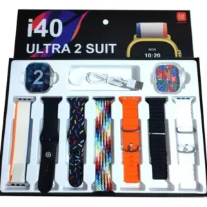 Smartwatch I40 Ultra 2 Suit con pantalla de 2.3 pulgadas, cargador magnético, protector y siete correas intercambiables de diversos colores y estilos.
