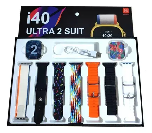 Smartwatch I40 Ultra 2 Suit con pantalla de 2.3 pulgadas, cargador magnético, protector y siete correas intercambiables de diversos colores y estilos.
