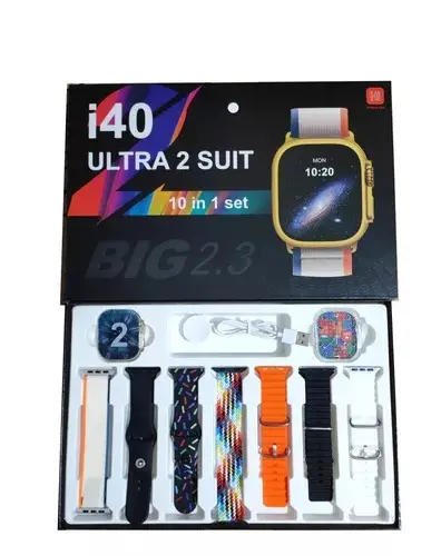 Smartwatch I40 Ultra 2 con pantalla de 2.3 pulgadas, cargador y siete correas intercambiables de diversos colores y texturas en caja de presentación.