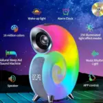 Parlante con Luz LED en Forma de Caracol y Reloj Despertador - Musica y Color