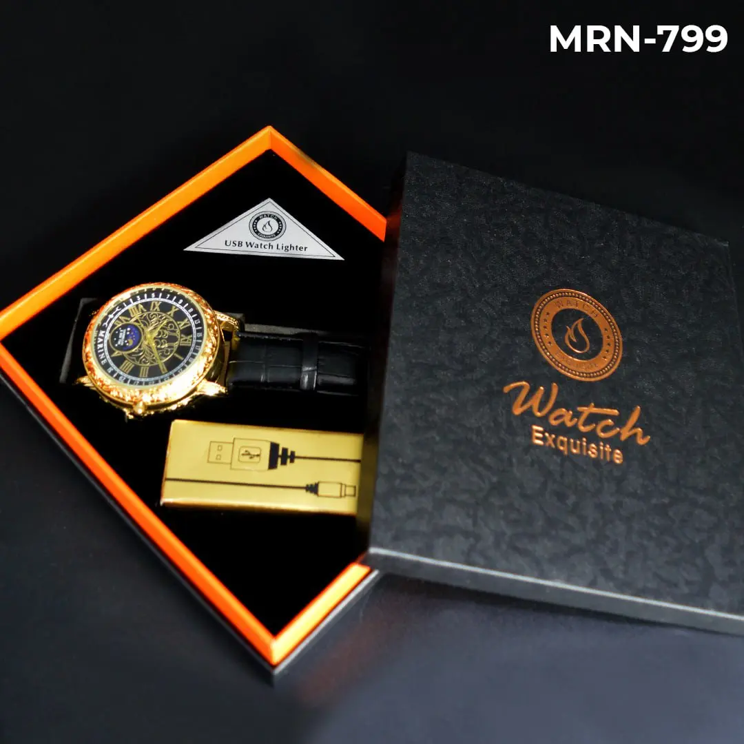 Reloj analógico Marine dorado y negro con encendedor USB integrado - Enciende tus cigarrillos sin gas ni llama en cualquier lugar
