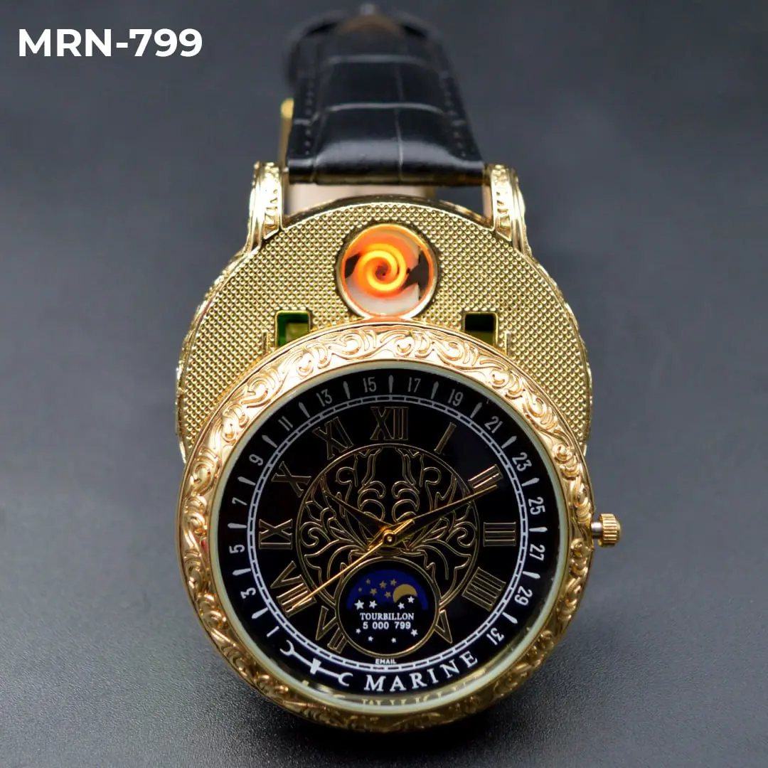 Reloj analógico Marine dorado y negro con encendedor USB integrado - Enciende tus cigarrillos sin gas ni llama en cualquier lugar