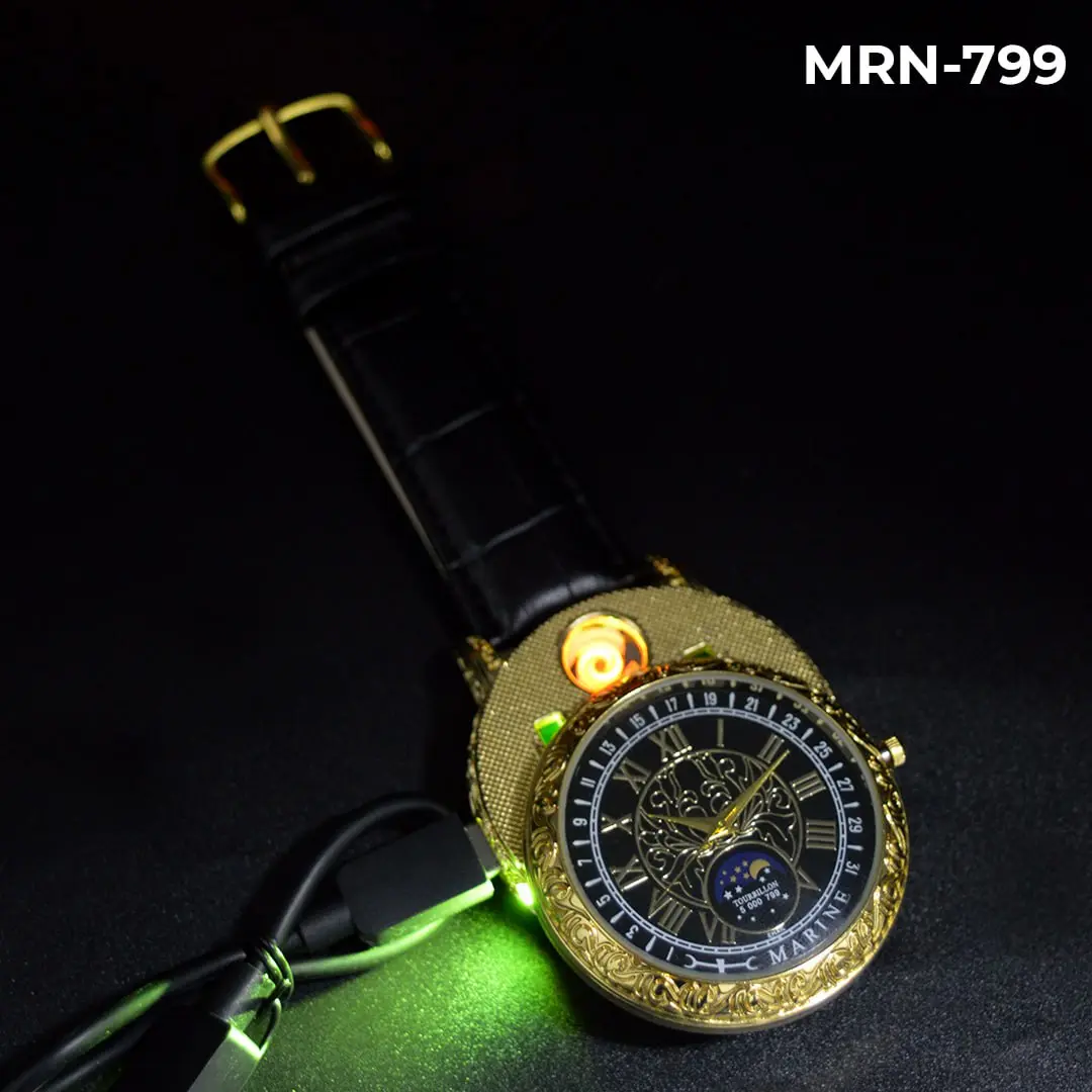 Reloj analógico Marine dorado y negro con encendedor USB integrado - Enciende tus cigarrillos sin gas ni llama en cualquier lugar
