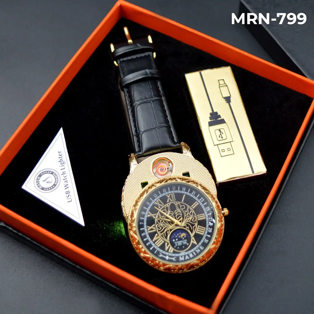 Reloj analógico Marine dorado y negro con encendedor USB integrado - Enciende tus cigarrillos sin gas ni llama en cualquier lugar