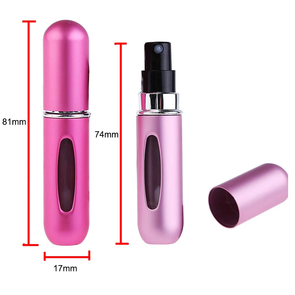Mini atomizador de perfume portátil fucsia con visor de nivel, dimensiones de 81mm de alto por 17mm de diámetro, tapa retirada junto al envase base y pulverizador negro visible.