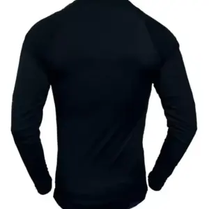 Buzo deportivo de lycra negro manga larga, vista posterior con ajuste ceñido al cuerpo para mejorar el rendimiento muscular.