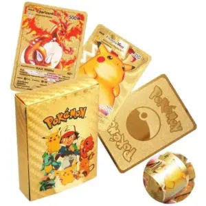 Caja dorada con ilustraciones de personajes de Pokémon y varias cartas metalizadas brillantes con relieves visibles.