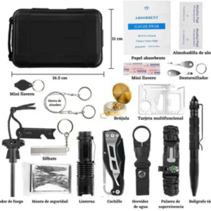 Kit de supervivencia 15 en 1 negro en estuche rígido de 16,5 x 11 cm, incluye linterna, cuchillo, brújula, multiherramienta, pulsera y accesorios para camping.