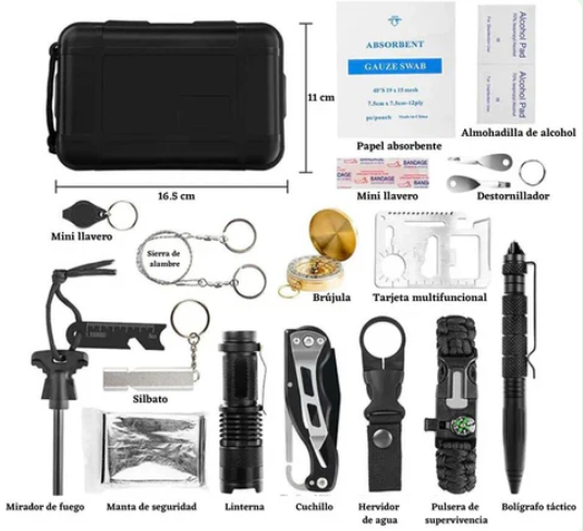 Kit de supervivencia 15 en 1 negro en estuche rígido de 16,5 x 11 cm, incluye linterna, cuchillo, brújula, multiherramienta, pulsera y accesorios para camping.