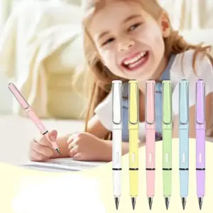 Set de 6 lápices eternos de colores pastel con clip metálico y borrador, junto a niña escribiendo.