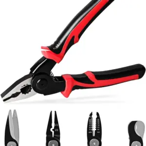Alicate multifuncional 5 en 1 de acero con mangos ergonómicos rojos y negros, mostrando cuatro tipos de puntas intercambiables.