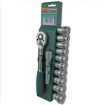 Juego de herramientas de 12 piezas en estuche verde con llave de trinquete de 3/8 y dados de acero cromo vanadio