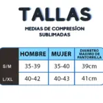 Tabla de tallas para medias de compresión: S/M (hombre 35-39, mujer 35-40, pantorrilla hasta 39cm) y L/XL (hombre 40-42, mujer 40-43, pantorrilla hasta 41cm).
