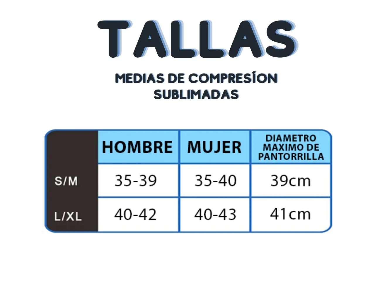 Tabla de tallas para medias de compresión: S/M (hombre 35-39, mujer 35-40, pantorrilla hasta 39cm) y L/XL (hombre 40-42, mujer 40-43, pantorrilla hasta 41cm).