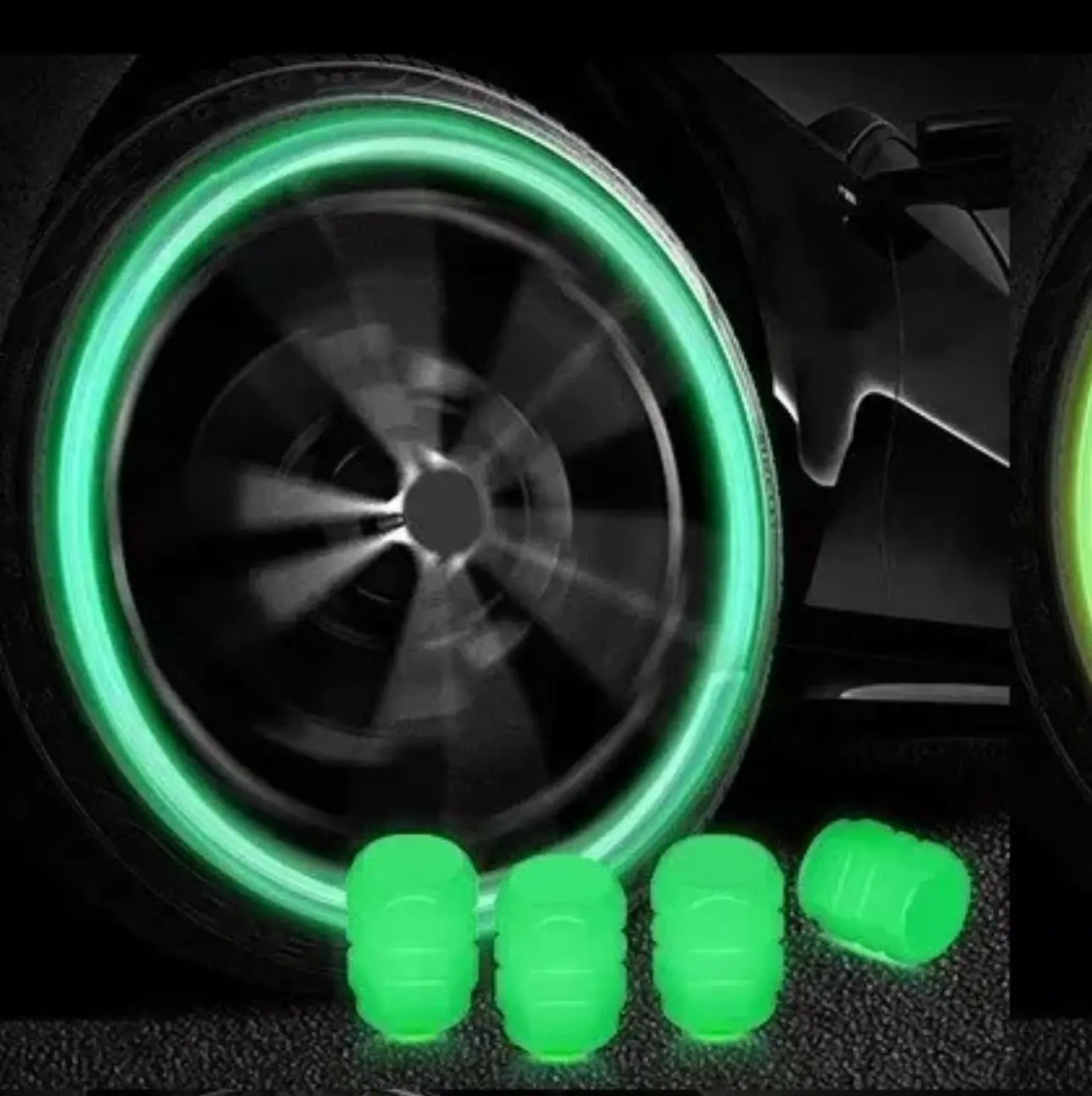 Presentación y medidas exactas de los tapones de rueda verdes fluorescentes