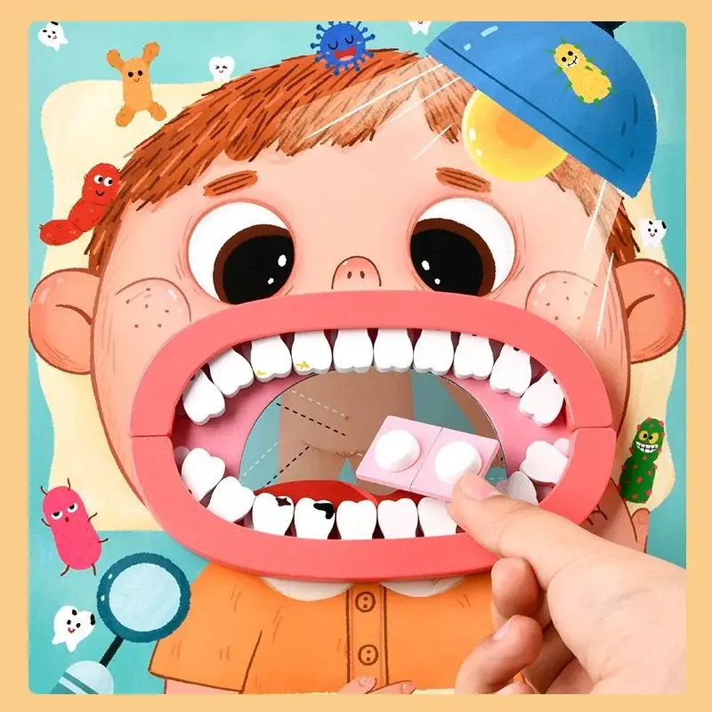 Kit de juego dentista de madera para niños. Incluye boca roja grande, dientes de madera blancos y negros, y pastillas para tratar caries.