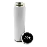 Termo inteligente de acero inoxidable blanco con tapa negra que muestra 29.4°C en su pantalla LED digital.