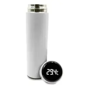 Termo inteligente de acero inoxidable blanco con tapa negra que muestra 29.4°C en su pantalla LED digital.