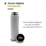 Termo digital inteligente de acero inoxidable color blanco con capacidad de 500 ml y tapa con pantalla LED que muestra 29.4 grados centígrados.