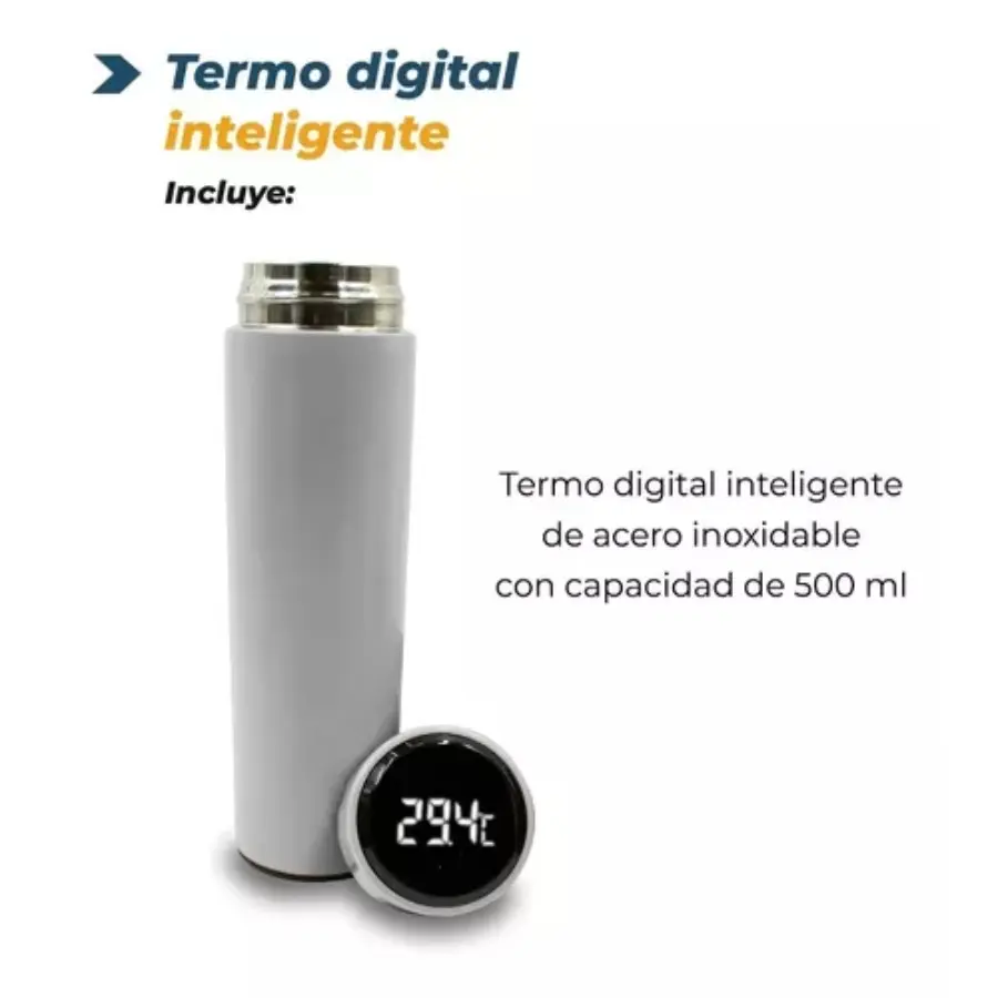 Termo digital inteligente de acero inoxidable color blanco con capacidad de 500 ml y tapa con pantalla LED que muestra 29.4 grados centígrados.