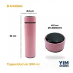 Termo digital rosa de 500 ml, 23 cm de alto y 6.5 cm de diámetro, con tapa inteligente y pantalla LED táctil.