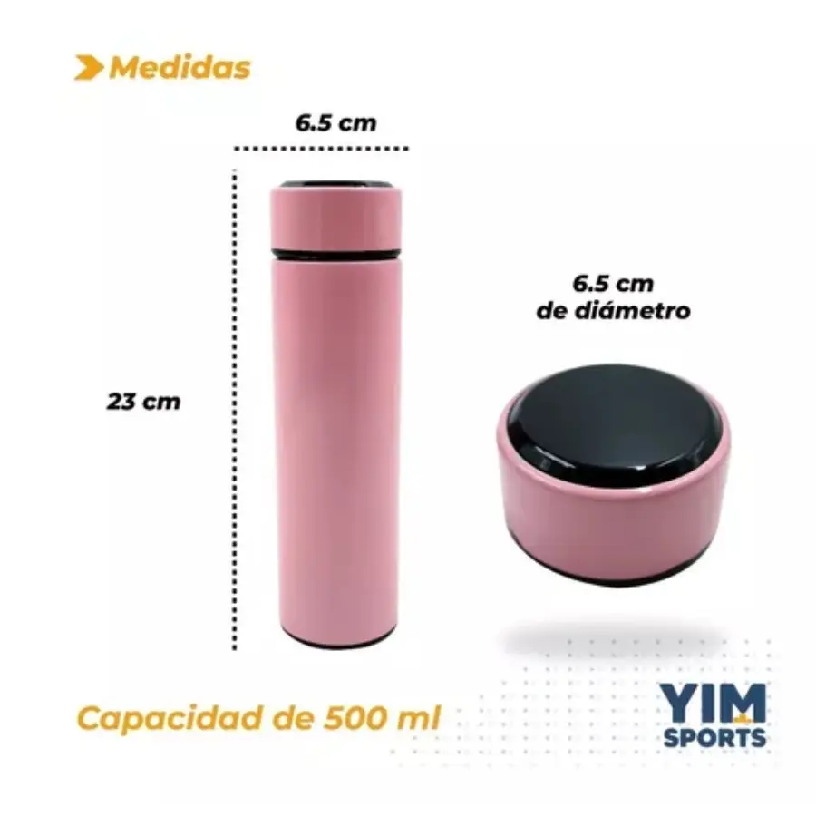 Termo digital rosa de 500 ml, 23 cm de alto y 6.5 cm de diámetro, con tapa inteligente y pantalla LED táctil.