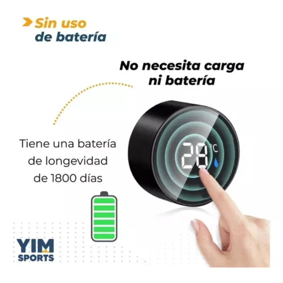 Termo digital inteligente negro de acero inoxidable con pantalla LED táctil circular que muestra veintiocho grados y nivel de humedad.