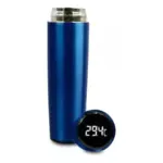 Termo digital inteligente azul de acero inoxidable con tapa de rosca y pantalla LED táctil que indica 29.4 grados Celsius.