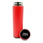 Termo inteligente rojo de acero inoxidable con tapa de rosca y pantalla LED táctil que muestra 29.4 grados centígrados.