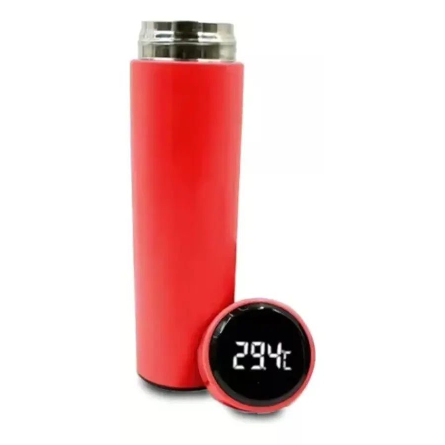 Termo inteligente rojo de acero inoxidable con tapa de rosca y pantalla LED táctil que muestra 29.4 grados centígrados.