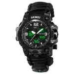 Reloj táctico deportivo Skmei color negro con correa de cordón trenzado, pantalla digital y analógica verde, brújula y pedernal integrados.