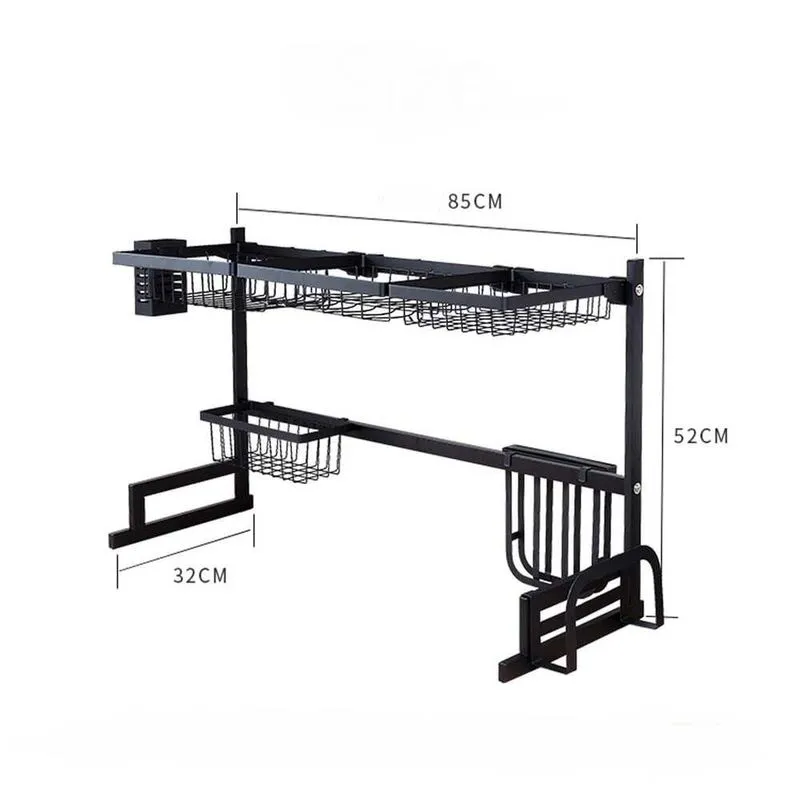 Escurridor de platos metálico negro de dos niveles para sobre lavaplatos. Medidas: 85cm de ancho, 52cm de alto y 32cm de profundidad.