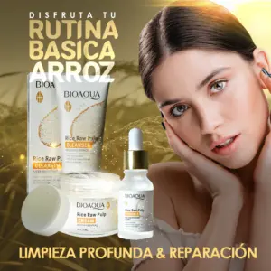Rutina básica de arroz con jabón, serum y crema