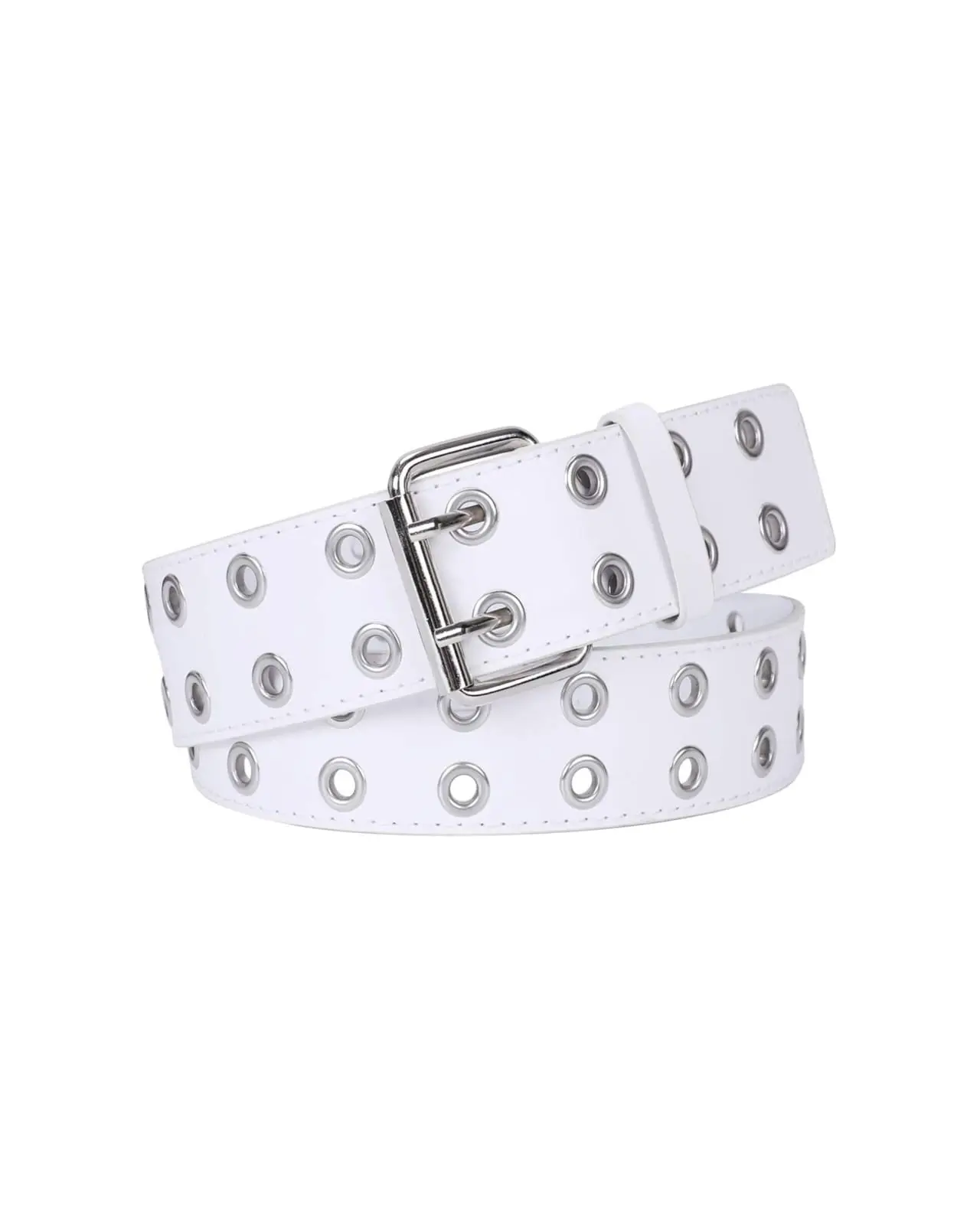 Cinturón blanco con múltiples ojales plateados y hebilla metálica rectangular, mostrado en posición enrollada.
