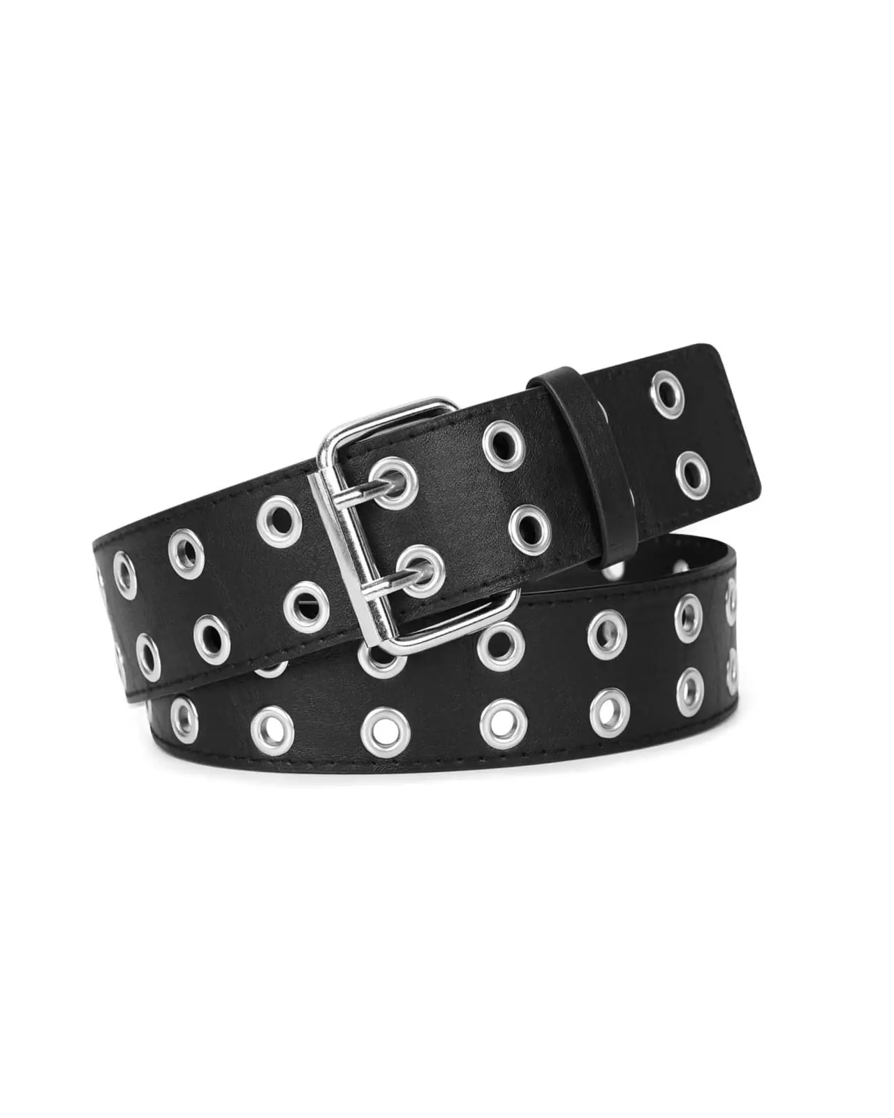 Cinturón negro con múltiples ojales metálicos plateados y hebilla de metal, estilo rockero urbano.
