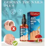 Aceite antifúngico Toenailplus de 10ml en frasco gotero y caja, con comparación de una uña con hongo frente a una uña sana.