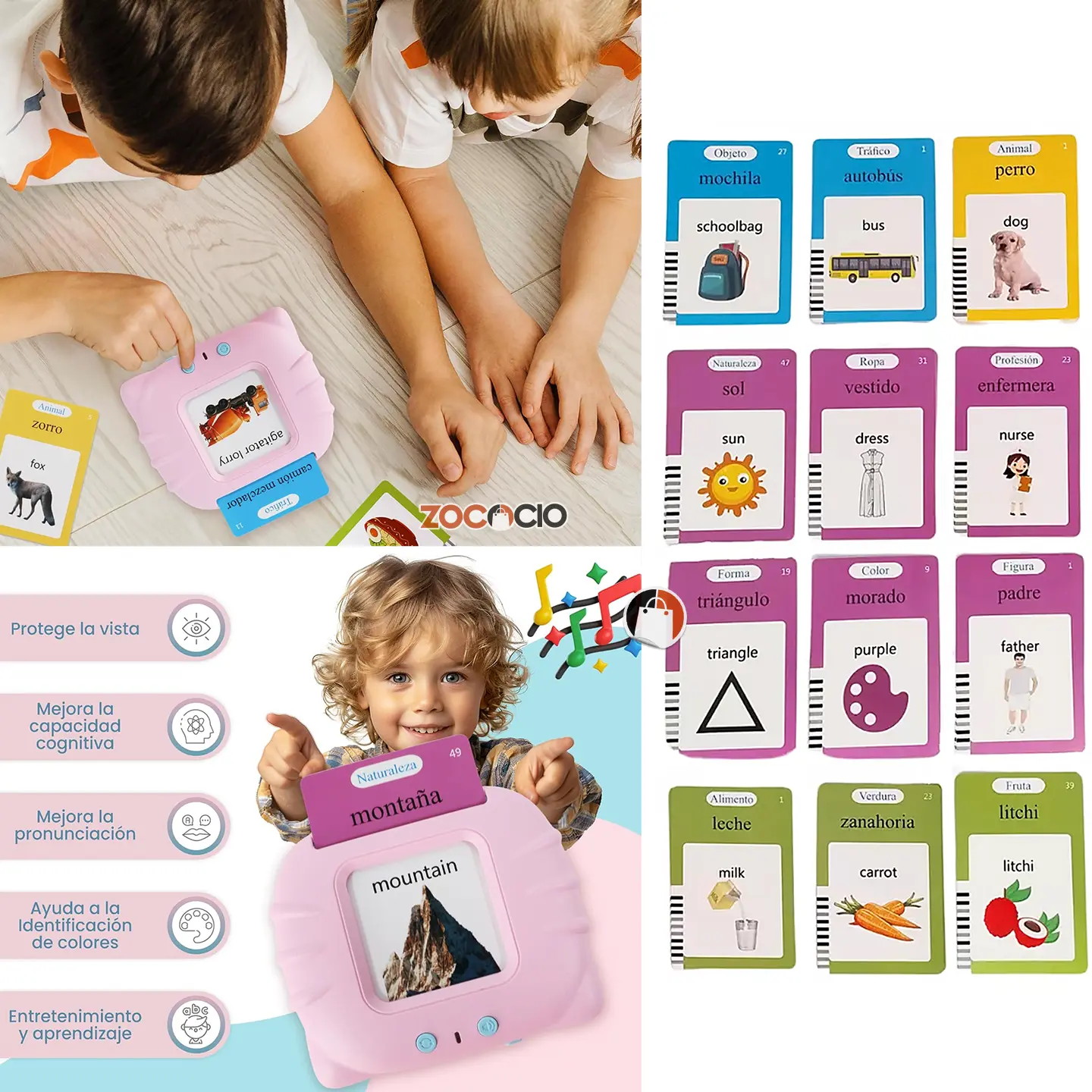 Lector electrónico rosa con tarjetas didácticas bilingües y lector QR junto a niños aprendiendo palabras en español e inglés.