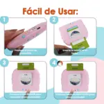 Lector didáctico bilingüe rosa para tarjetas educativas infantiles de vocabulario con botones de encendido y repetición.
