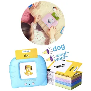 Lector de tarjetas didáctico azul y rosa con cartas de animales y alimentos en inglés y español, para aprendizaje infantil.