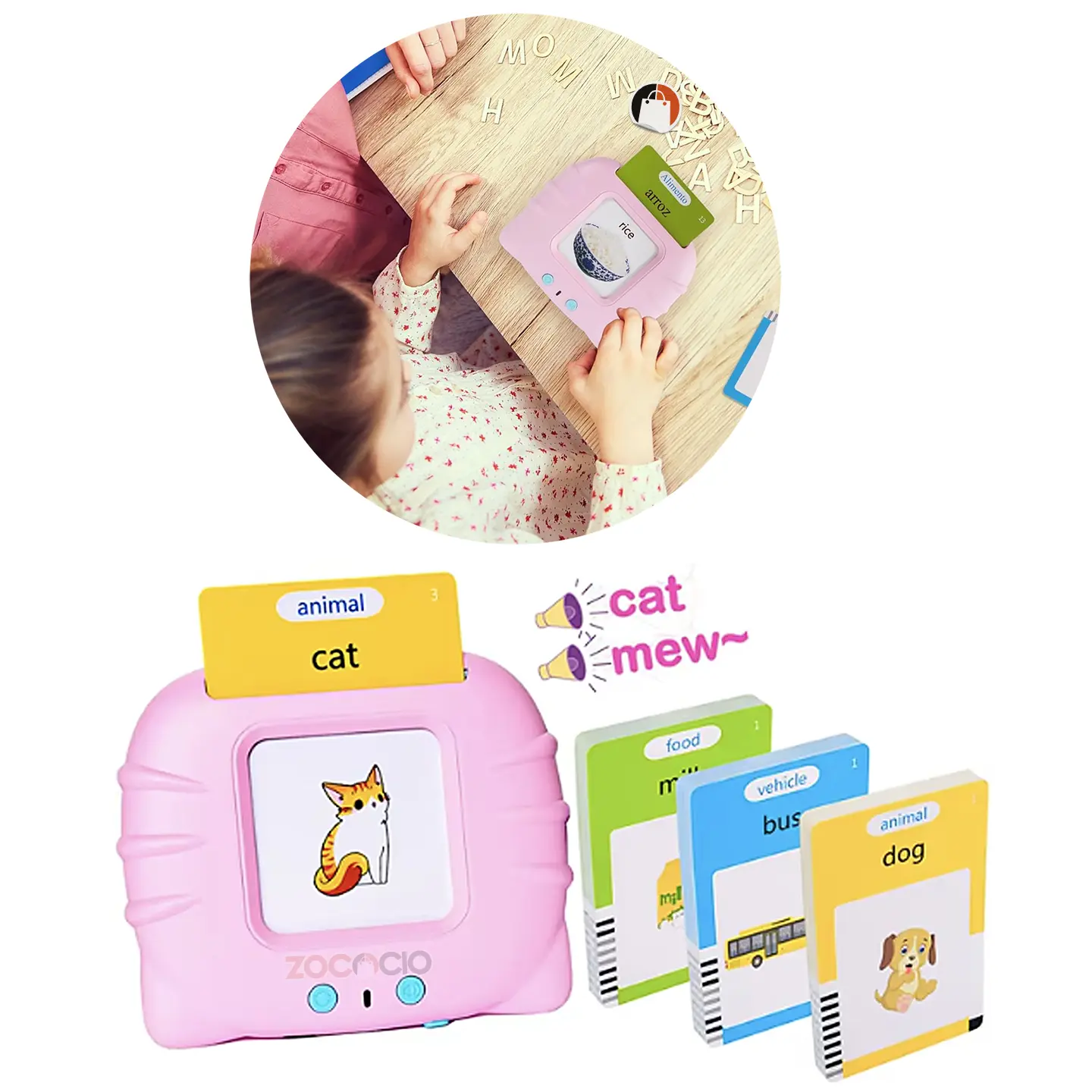 Lector de tarjetas interactivo rosa para niños, con una carta de gato insertada y tres pilas de tarjetas didácticas de colores al lado.