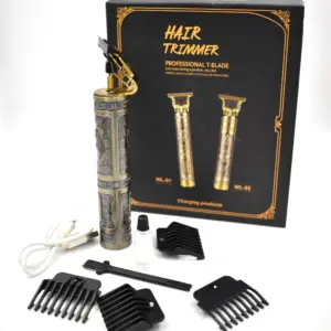 Kit de patillera profesional dorada con grabado, caja, cable USB, aceite, cepillo y cuatro peines guía negros sobre fondo blanco.