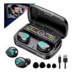 Audífonos inalámbricos M27 negros con estuche de carga LED digital, luces RGB en la superficie táctil, dos pares extra de almohadillas y cable USB.